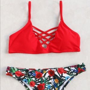 Red / floral crisscross bikini